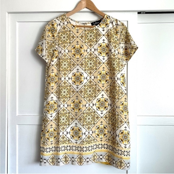 Lulus Dandy Lion Mini Dress S Shift Yellow Print Tile Vacation Party Summer Trip - Picture 3 of 16
